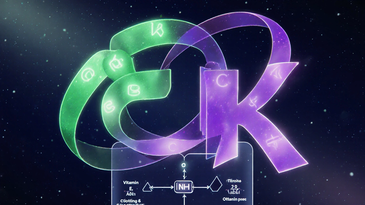 Artistic depiction of Vitamin E and K interaction over clotting cascade.