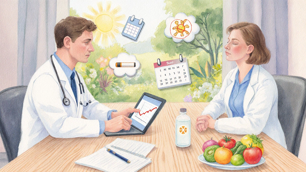 Doctor and patient discussing prevention, surrounded by health icons in watercolor.
