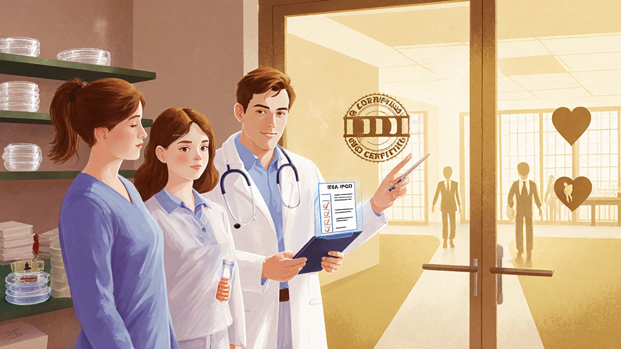 Doctor showing a digital checklist to a couple, with lab tools and symbols for donor egg, surrogacy, and adoption.
