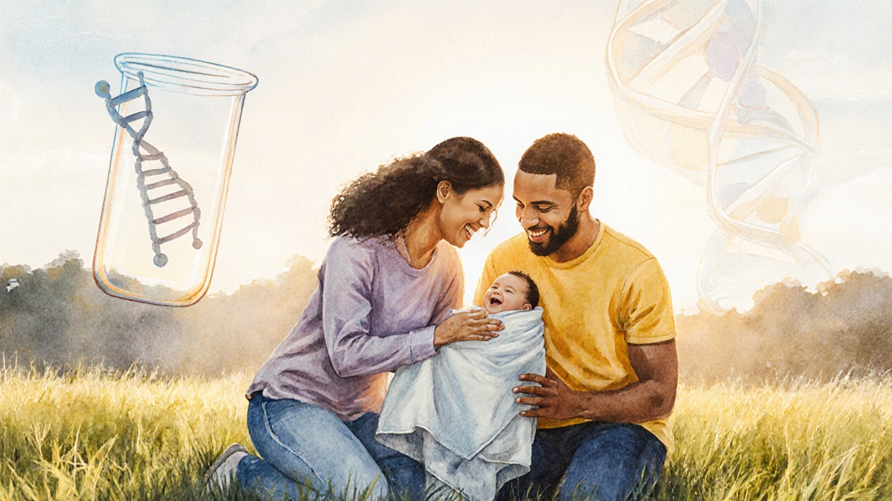 Family holding a baby outdoors with sunrise, hinting at IVF origins.