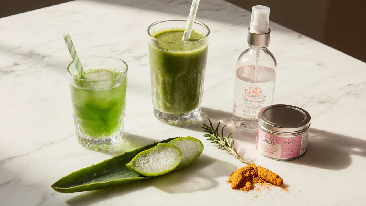 Flat lay of aloe leaf, juice, smoothie, gel jar and spray bottle suggesting daily use.
