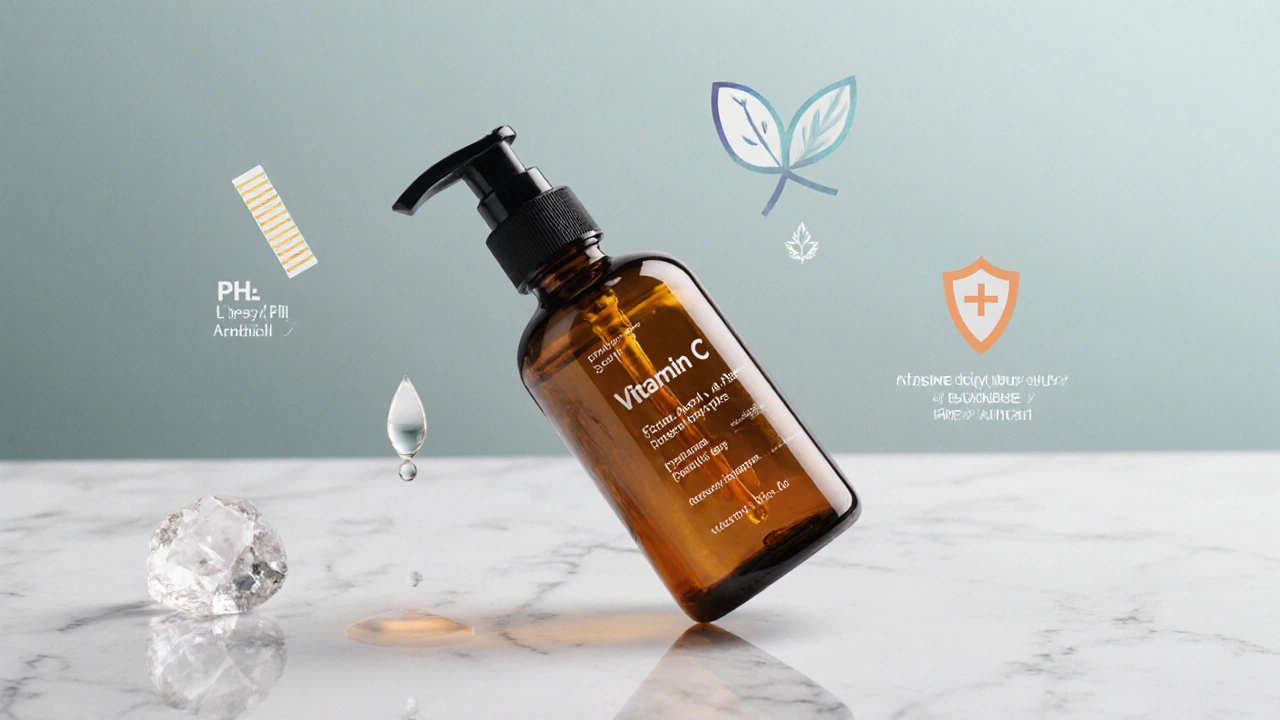 Flat lay of amber Vitamin C serum bottle with pH strip, ferulic crystal and airtight packaging visual cues.