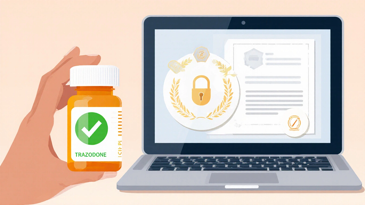 Hand holding a trazodone bottle with a green checkmark next to a laptop showing a lock icon.