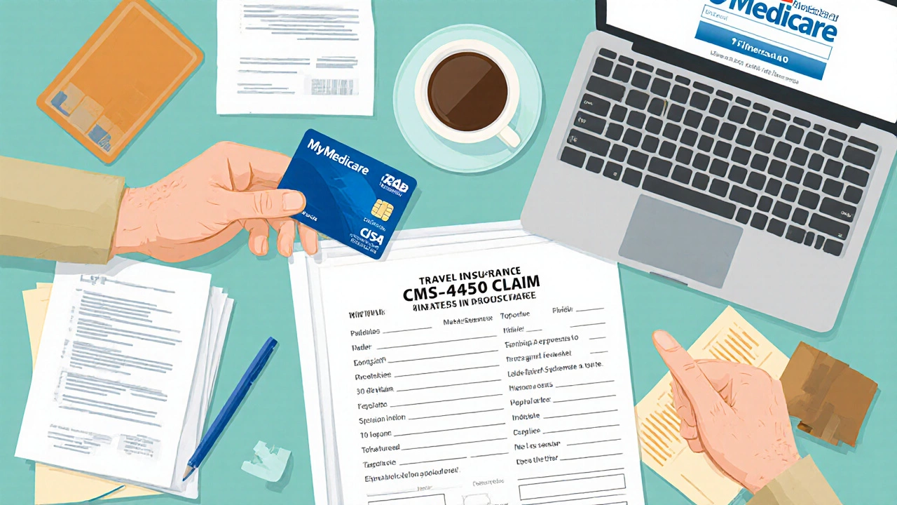 Home office desk with Medicare card, claim form, laptop and travel insurance papers.