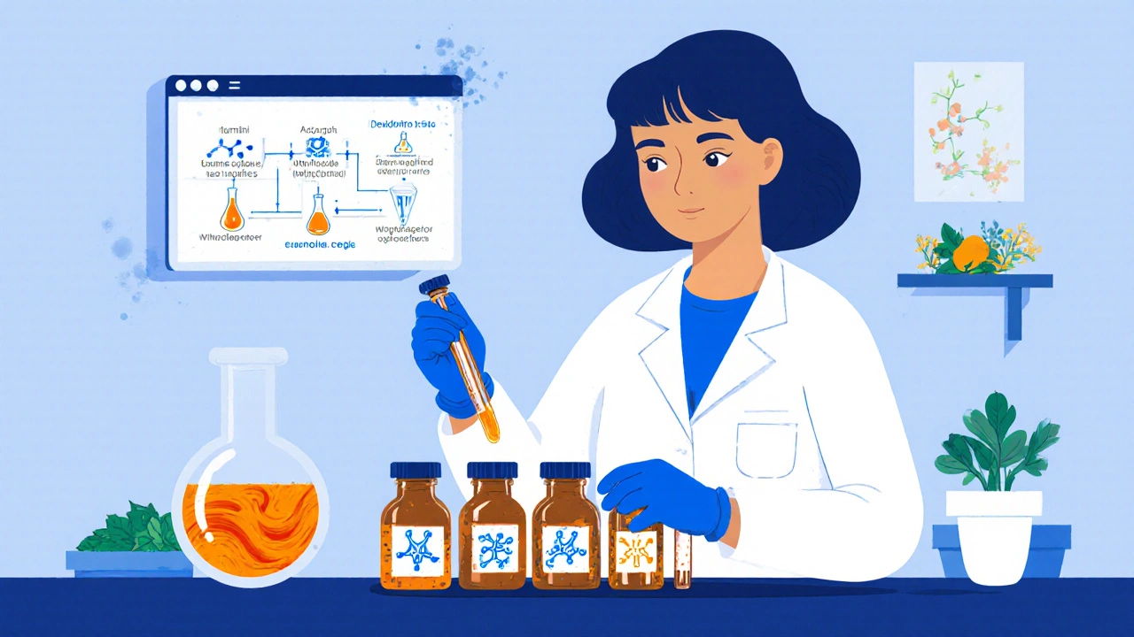Illustrated lab scene with researcher examining vials of herbal extracts and phytochemical structures.