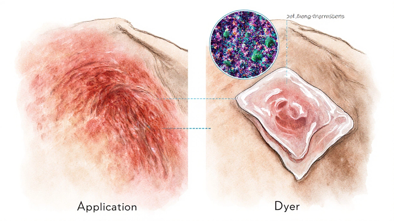 Illustration of a burn wound healing faster with aloe gel, showing skin cells and acemannan action.