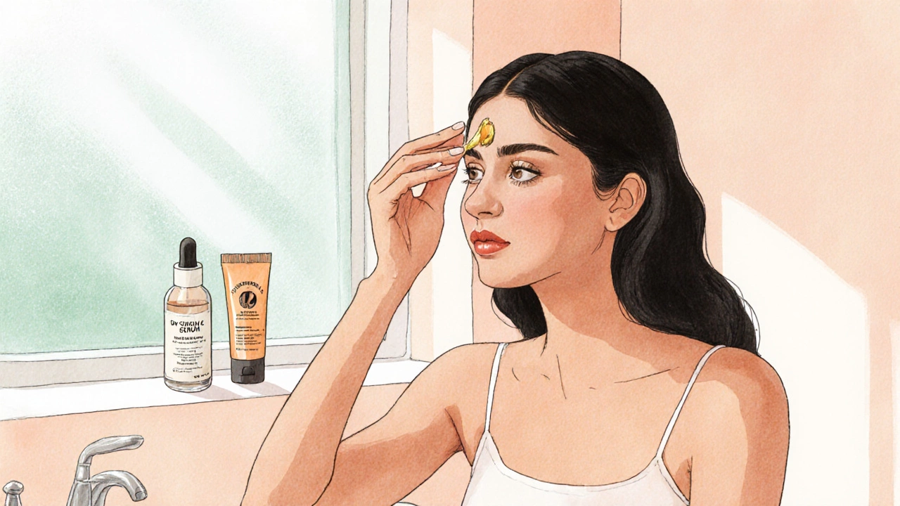Indian woman applying Vitamin C serum in bathroom, with moisturizer and sunscreen nearby, skin glowing.
