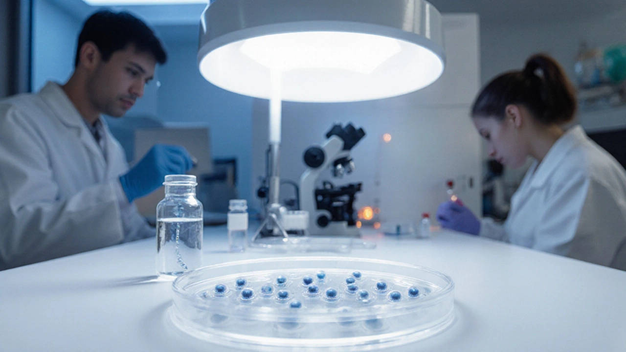 IVF lab view with embryos in a Petri dish under bright lights and technicians working.