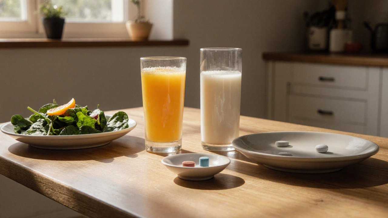 Kitchen table with spinach, orange juice, milk, and iron and calcium pills.