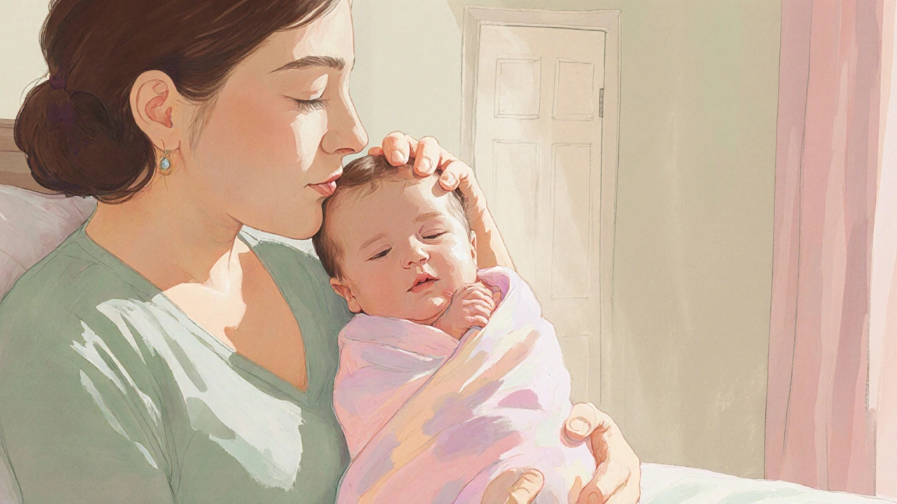 Newborn in a pastel blanket held by relieved parents in a softly lit room.