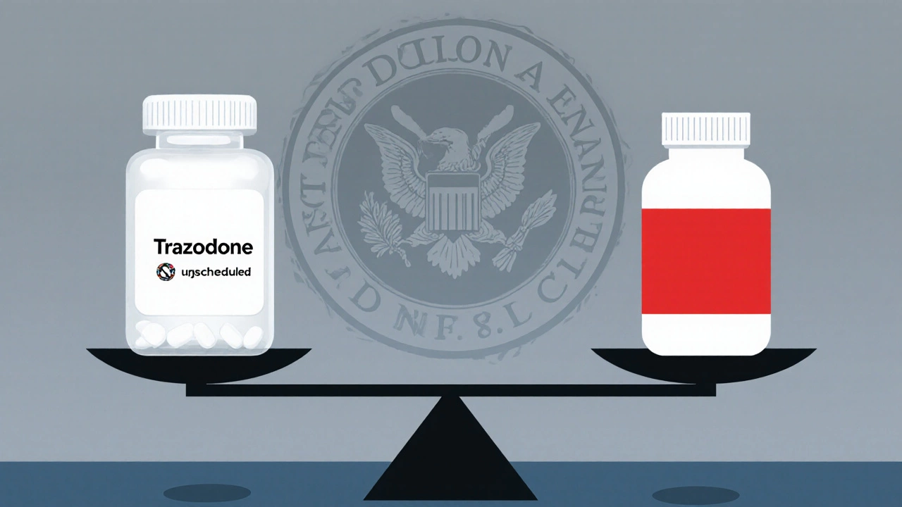 Scale comparing a trazodone bottle and an opioid pill bottle with a faded DEA emblem behind.