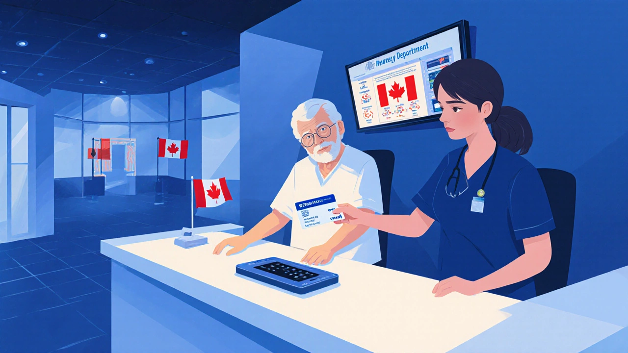 Senior patient in Toronto hospital emergency desk showing Medicare card to nurse.