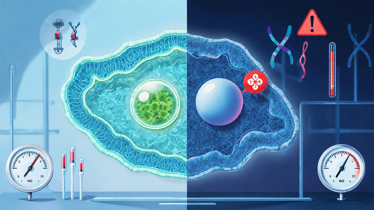 Side‑by‑side illustration of a healthy versus poor uterine lining with embryo attachment and genetic errors.