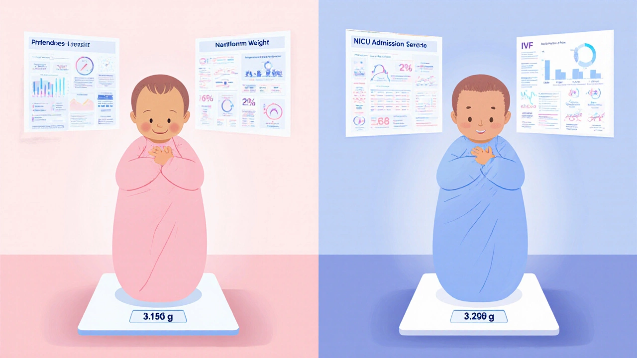 Side‑by‑side illustration of IVF and natural newborns with birth‑weight data.