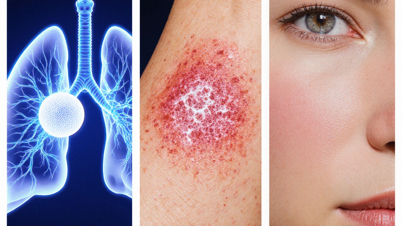 Three panels: lung adenocarcinoma nodule, skin squamous lesion, basal cell on cheek.