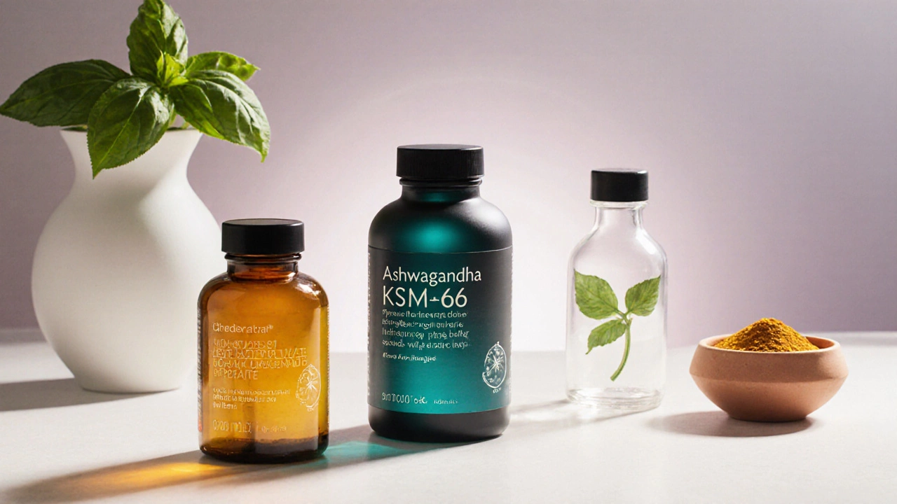 Wellness countertop displaying top three herbal supplement bottles with soft lighting.